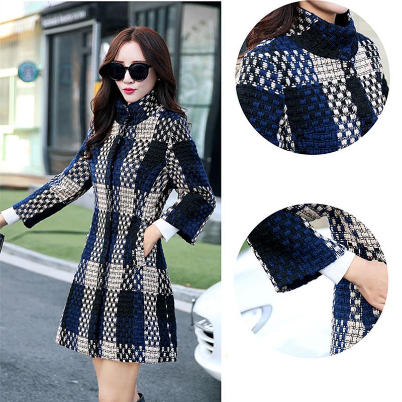 Women's Woolen Coat Winter Autumn  Winter Mid-length Slim-fit Large Size Plaid Coat Stand Up Collar Tweed Jacket