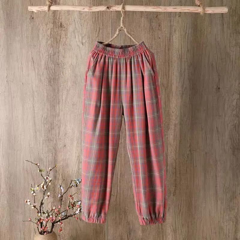 WTEMPO Plaid Pants Women Loose and Thin Elastic Waist Straight Casual Pants Size M-XXXXL