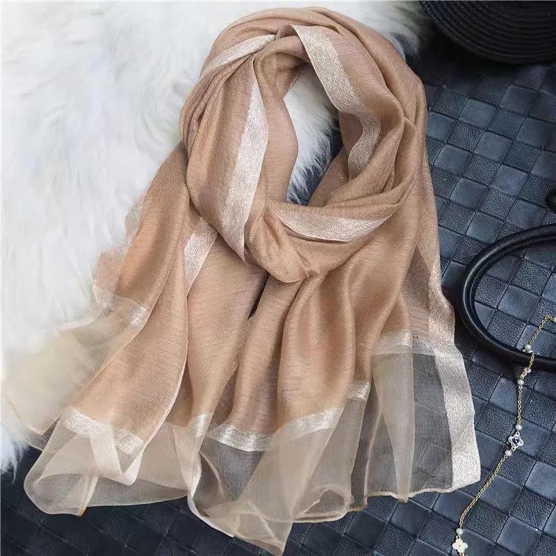 Women's Autumn and Winter Mulberry Silk Scarf Fine Silk Scarf Pure Color Striped All Match Shawl Warm Gauze Scarves Elegant Wrap Shawl Thermal Scarf