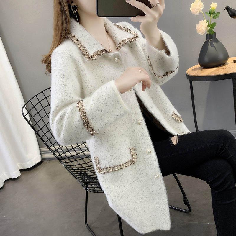 Autumn and Winter Models of Mink Fleece Knitted Jacket Mid-length Navy Collar Coat Coat Trendy Jacket Women