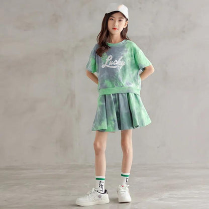 Two-piece Girls' Suit Summer Dress Korean Version of The Little Girl Short-sleeved Short Dress