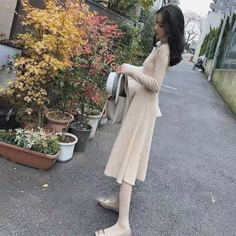 Autumn and Winter Sweater Women's Pullover Mid-length Over The Knee Fresh and Sweet Bottoming Shirt High-neck Knitted Dress