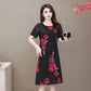 Women's Printed Mid-length Dress Casual Summer Short-sleeved O-neck Thin Cotton Dress Fat Sister Dress Loose Casual Thin Dress Light and Breathable