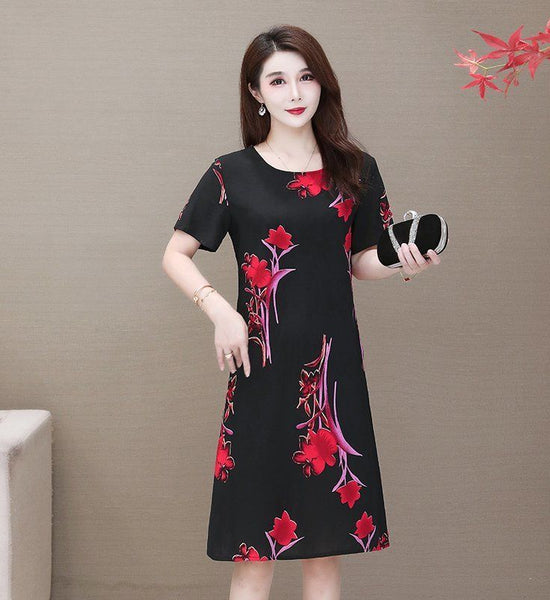 Women's Printed Mid-length Dress Casual Summer Short-sleeved O-neck Thin Cotton Dress Fat Sister Dress Loose Casual Thin Dress Light and Breathable