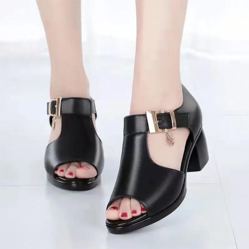 Fish Mouth Sandals Women's Buckle Velcro Outer Wear Thick Heels Middle-heeled Thick Shoes Middle-aged Mother Shoes