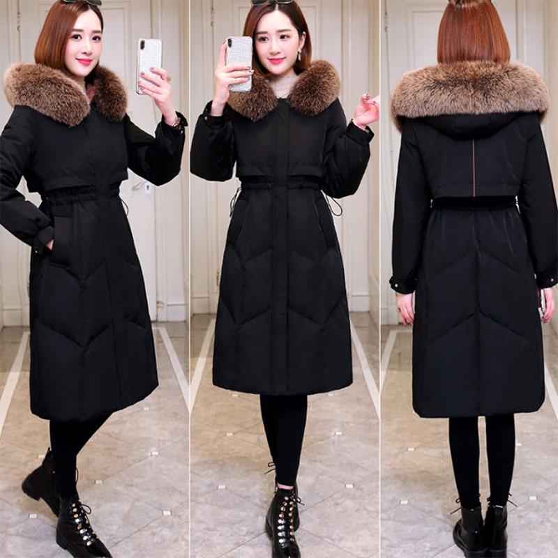 Women's Solid Color Down Jacket Mid-length Korean Loose Thick Coat Warm Cotton Coat Big Fur Collar Winter Clothes Quilted Coat