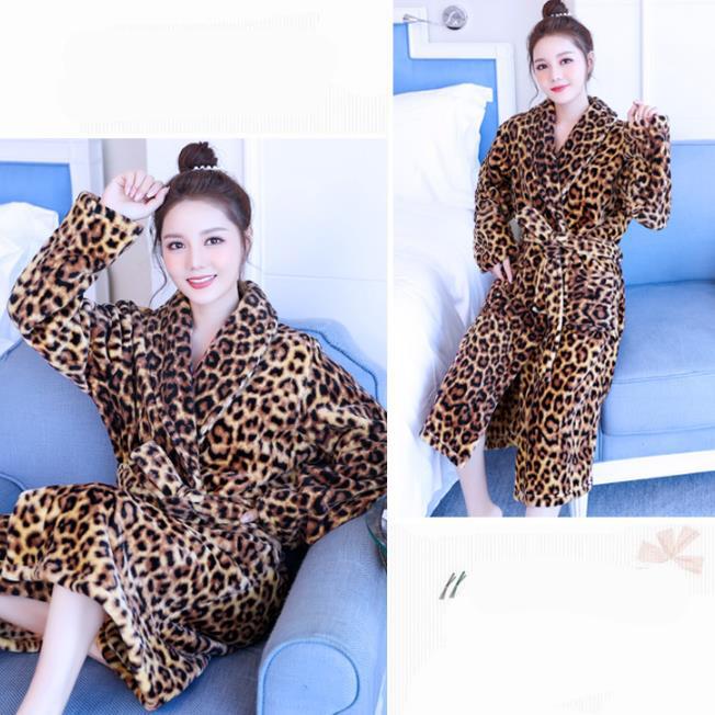 Leopard Print Ladies Pajamas Quick-drying Bathrobe Winter Cashmere Warm Home Clothes Homewear Robe Coat  Long