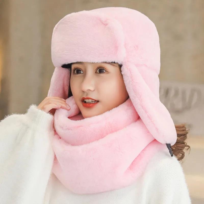 Women's Hat Winter Korean Version Plus Velvet Cold Proof Hat Winter Cycling Ear Protection Thick Windproof Warm Cute Hat Solid Long Ear Cap Fedoras