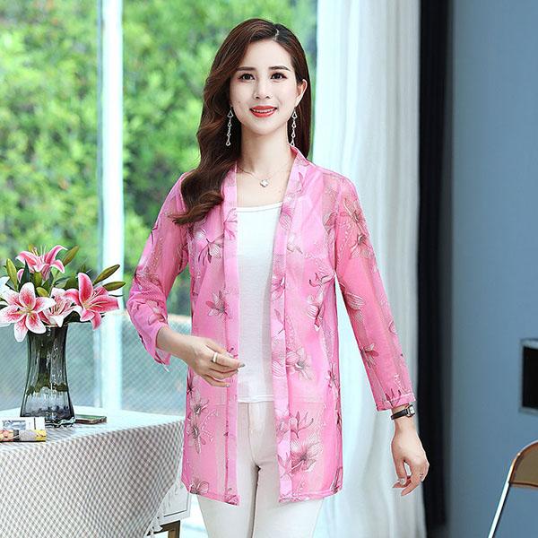 XL-5XL Women's Spring Sun Protection Clothing Nine-point Sleeve Thin Coat Summer Large Size Mid-length Shawl Print Cardigan Tops