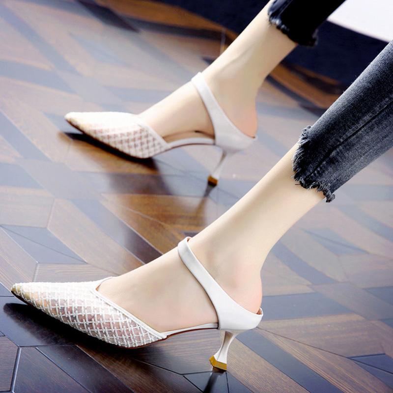 Korean Version of Baotou Mid-heel Breathable Mesh Fairy Sandals Pointed Toe Stiletto High Heels Women Slippers