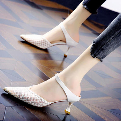 Korean Version of Baotou Mid-heel Breathable Mesh Fairy Sandals Pointed Toe Stiletto High Heels Women Slippers