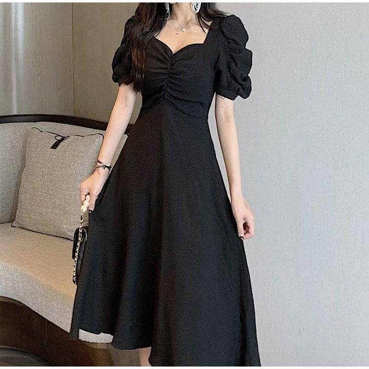 Female Simple Slim Puff Sleeve Dress Chiffon Shows Thin V-neck Soft Elegant Medium Length Party Dress