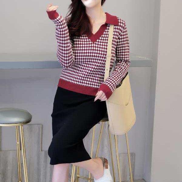 Vintage Rhombus Plaid Printed Sweater V-neck Short  Women's Slim Knit Sweater All-match Pullover Jumper  Top