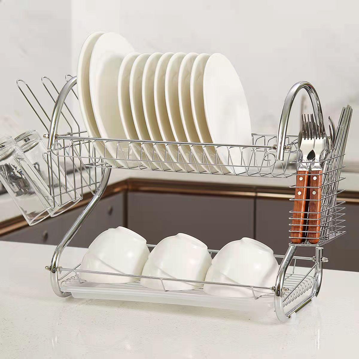 Steel 2 Tier Dish Drying Cutlery Stainless Drainer Drain Silver Tray Rack MH5R