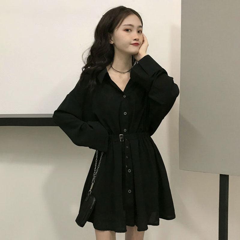 Spring and Autumn Clothing Lightly Cooked Hepburn Style Design Sense Small Black Skirt Waist Slimming Long-sleeved Dress Women