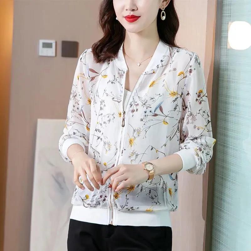 Sun Protection Clothing Color Baseball Uniform Jacket Cardigan Spring and Summer Short Jacket Women's Chiffon Top