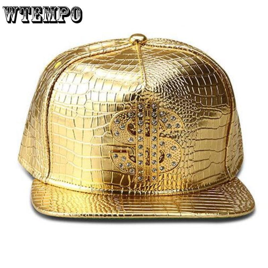 Vogue Dollar Logo Crocodile hip hop rap PU Leather Hats Gold Rhinestone Street DJ Money Baseball Cap