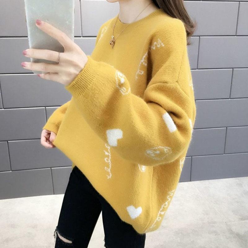 Autumn and Winter Thick Plus Size Sweater All-match Thinner Round Neck Jacket Lantern Sleeve Knitted Female Top