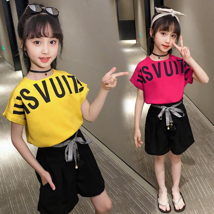 Girls' Children's Printed Letter Short Sleeve Suit Summer Girls' Korean Students' Shorts Two Pieces Set