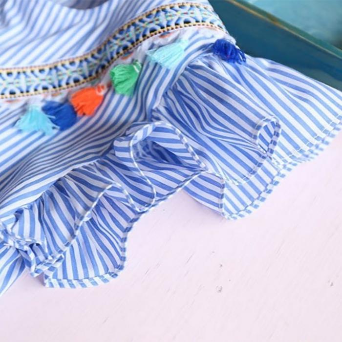 Girls' Summer Girls' Neckline Tassel Vertical Stripe Ruffle Dress National Style Pleated Girls' Dress