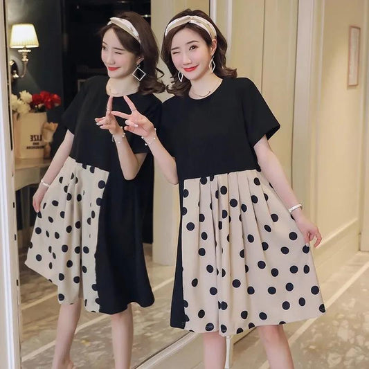 Loose Mid-length Polka Dot Pattern Short-sleeved Dress Mid-length Loose Large-size Dress Ladies Casual Dress Sweet Temperament