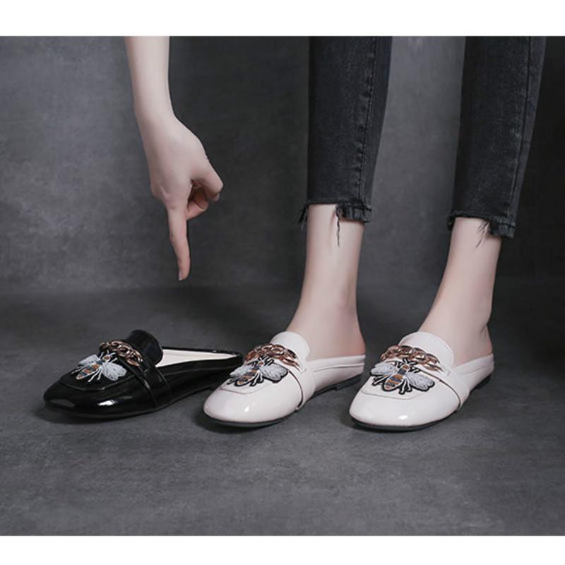 Summer Women's Shoes Square Head Lazy Shoes Flat Bottom Patent Leather Half Drag Outside Wear Slippers