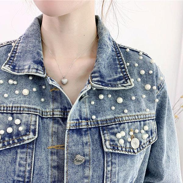 Women's Autumn Large Size Denim Jacket Full Sleeve Loose Button Pearls Short Lapel Casual Denim Coat