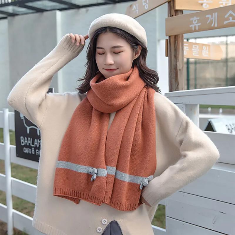 Wool Knitted Scarf Female Autumn and Winter Korean Style Warmth Striped Bow Student Wool Scarf