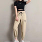 Women Summer Large Size Overalls Loose Solid Color Cropped Pants High Waist Elastic Thin Sports Pants