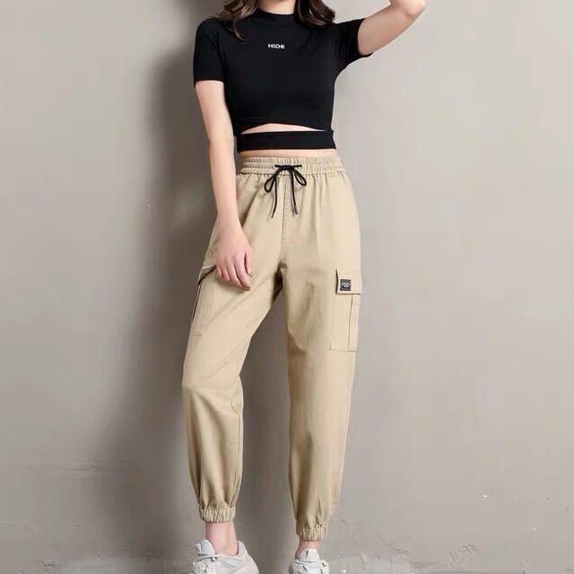 Women Summer Large Size Overalls Loose Solid Color Cropped Pants High Waist Elastic Thin Sports Pants