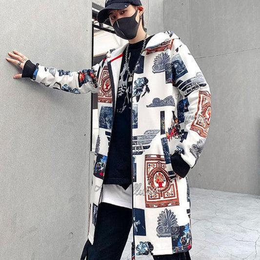 Retro Print Windbreaker Spring Hooded Top Men Casual Loose Coat Soft Comfortable Jacket Long