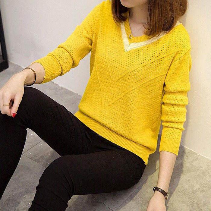 Women Black Slim V-neck Pullover Sweater Thickened Hollow Soft Knitted Bottoming Shirt Coat