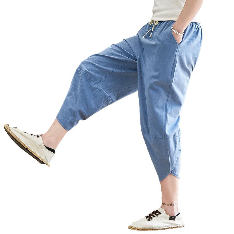 Summer Men's Cotton and Linen Shorts Men's Casual Loose Trend Sports Harlan Cropped Pants Men's Large Size Men's Breeches