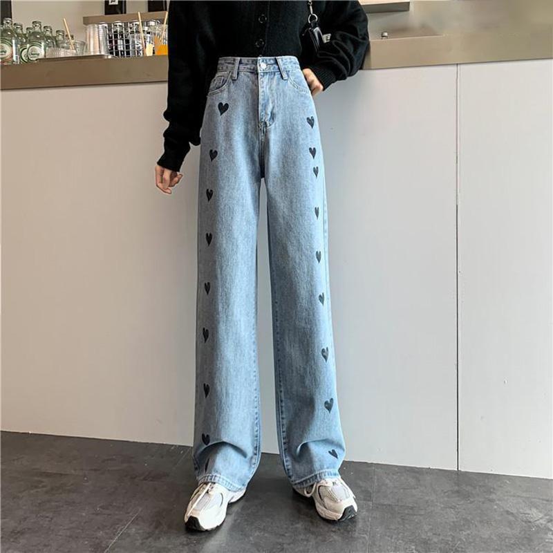 WTEMPO Heart-shaped Women's High Loose Casual Washed Denim Waist Wide Leg Pants Straight-leg Pants Super Long