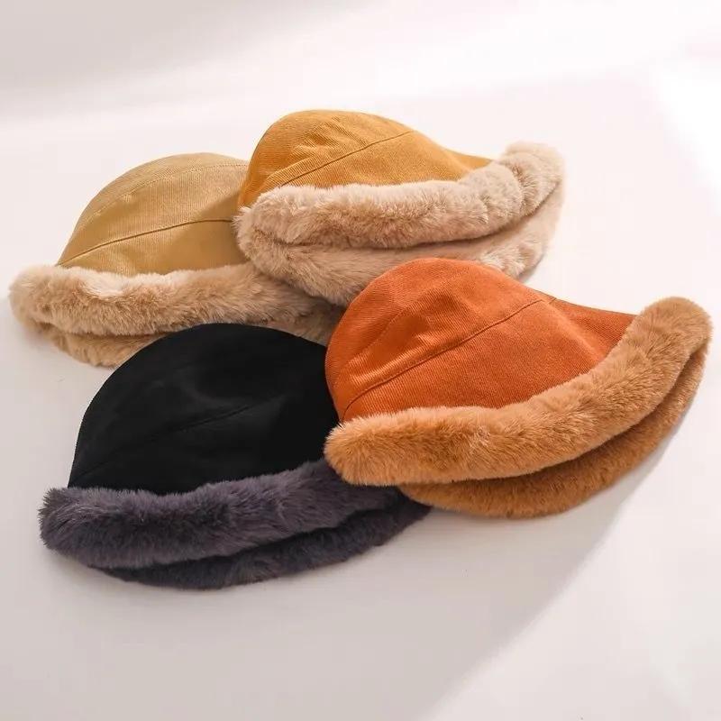 Women's Autumn and Winter Thick Plush Warm Fisherman Hat Cold Proof Windproof Ear Cup Hat Winter Curled Big Head Hat Fluffy Plush Top Cap Basin Hat