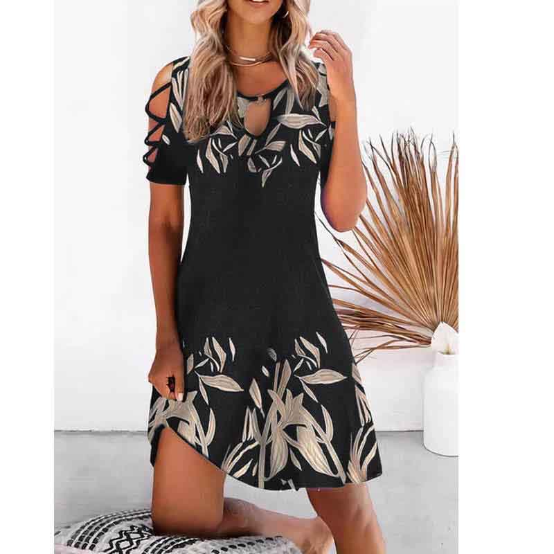 Ladies Floral Print Dress Summer Sexy Cutout Short Sleeve O Neck Vintage Elegant Party Dress