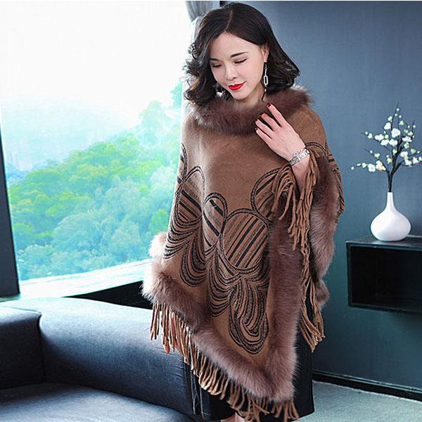 Autumn Winter Imitation Fox Fur Cloak Shawl Batwing coat Women's Faux Fur Coat Plus Size Tassel  Sweater Coat Mid-length