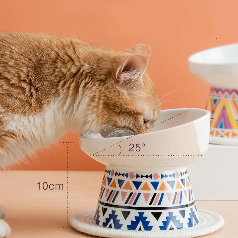 Cat Bowl Ceramic Protective Cervical Spine Oblique Mouth Cat Food Bowl Food Dispenser Water Bowl Anti-overturning Bohemian High Stand Bowl