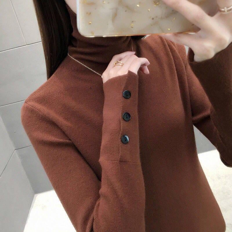 Pofulove  Turtleneck Knitted Long Sleeve Women's Spring Autumn Sweater Thin Bottoming Shirt Comfortable Softness