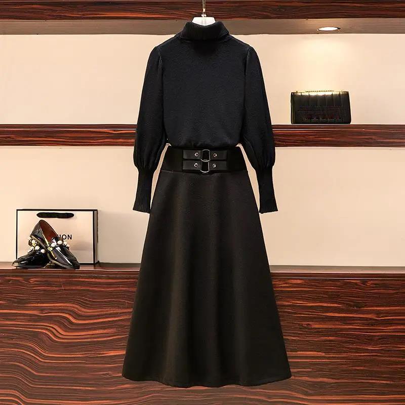 Autumn and Winter Turtleneck Sweater Sweater Hepburn Style Black Skirt Two-piece Skirt Ladies Temperament Sweater Suit Waist Was Thin