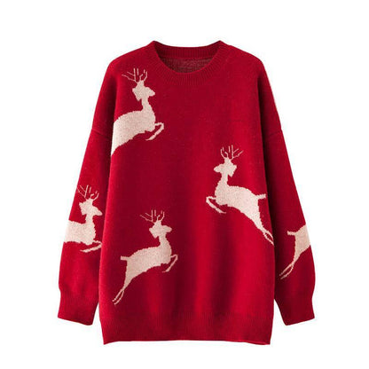 Pofulove Christmas Elk Sweater Women Red Lazy Loose Autumn Winter Thick Long-sleeved Sweater Fashion