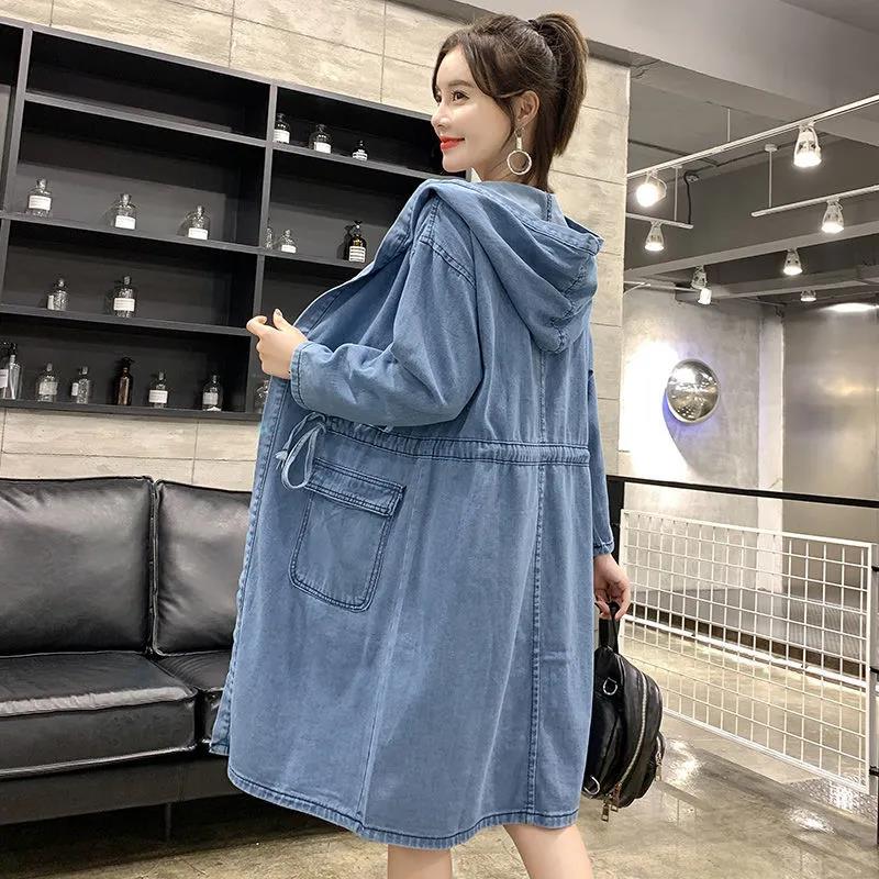 Long Denim Jacket Women's Wild Loose BF Casual All-match Windbreaker Women's Waist Hooded Denim Windbreaker Warm Jacket