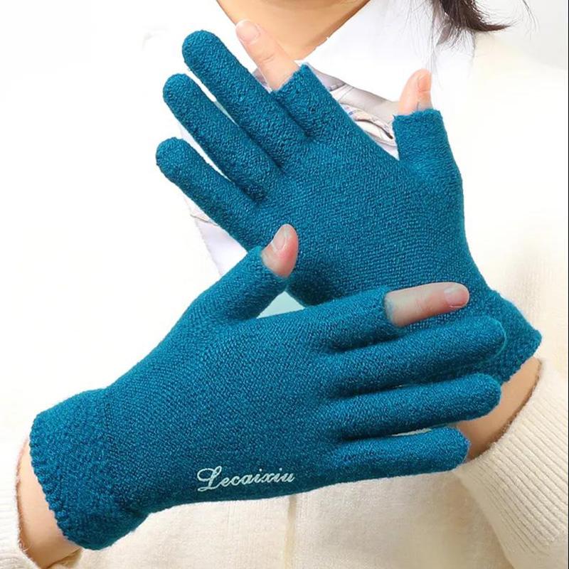 Women's Winter Touch Screen Gloves Warm Velvet Thick Half-finger Mittens Wool Non-slip Show Two-finger Office Driving Gloves Solid Knitting Gloves