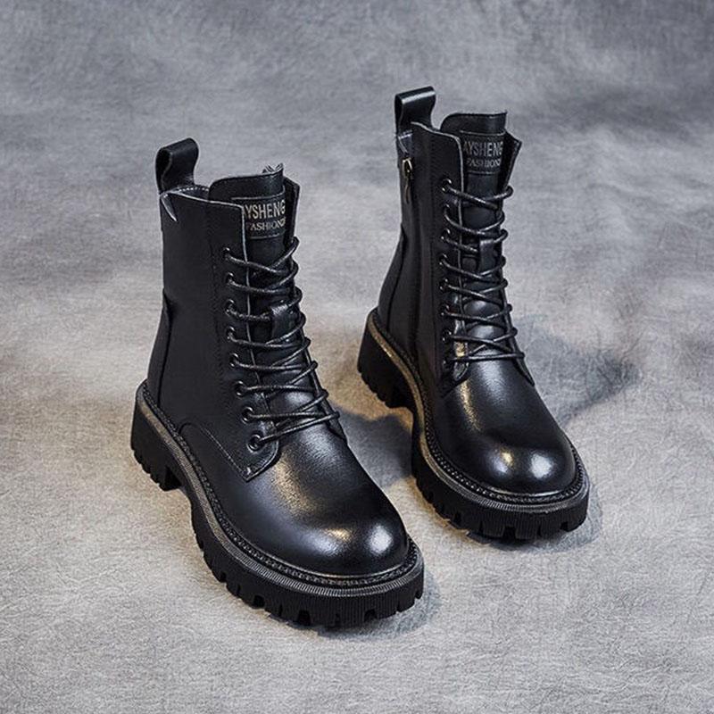 Size35-40 Chunky Motorcycle Boots For Women Autumn 2021 Fashion Round Toe Lace-up Combat Boots Ladies Shoes