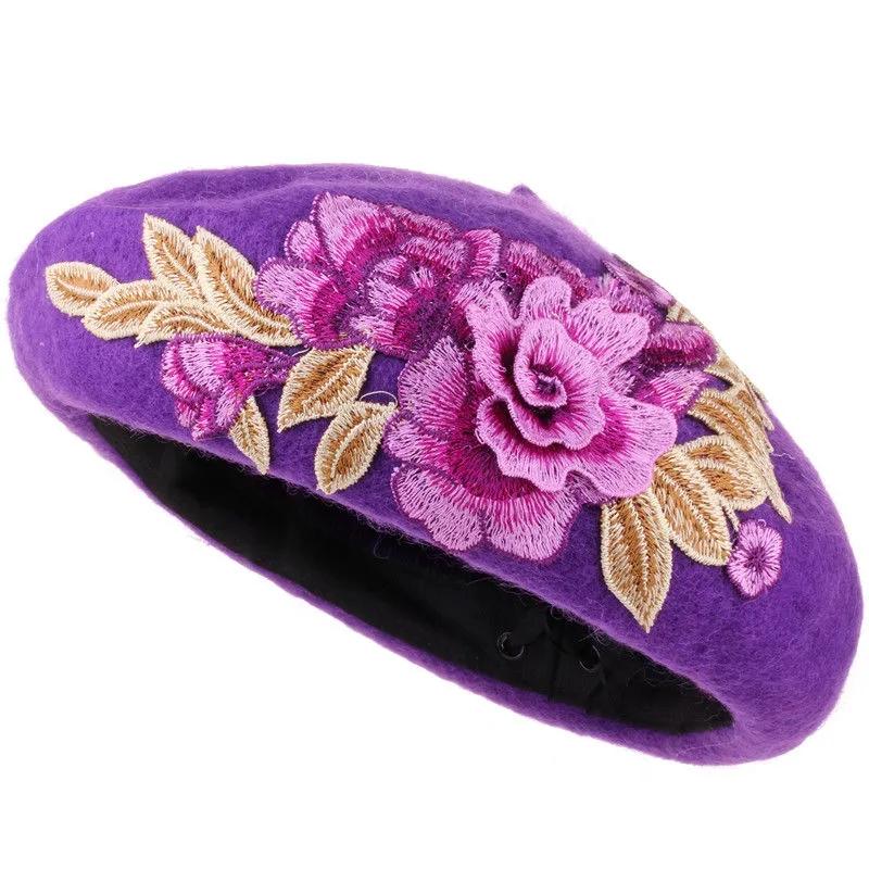 Retro Ethnic Floral 3D Embroidered Beret Hat Women's Spring Autumn Wool Blend Handmade Art Painter Beret Cap Elegant Flower Top Hat