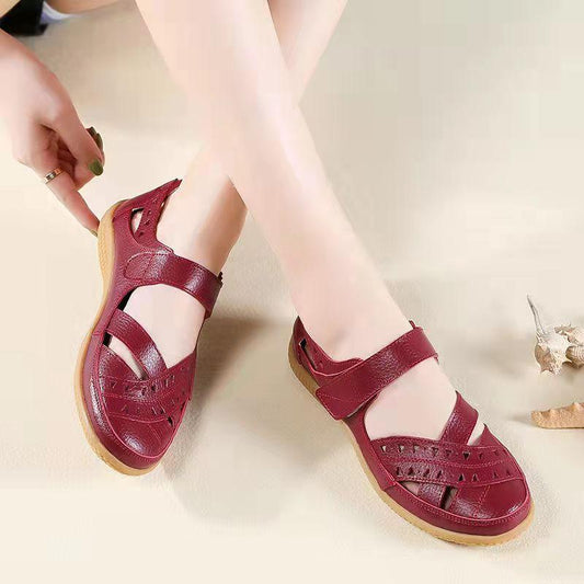 Summer Ladies Sandals Leather Hollowed-out Low-top Breathable Casual Shoes Soft Bottom Flat Heels Non-slip Large Size Flat Shoes Mom Shoes