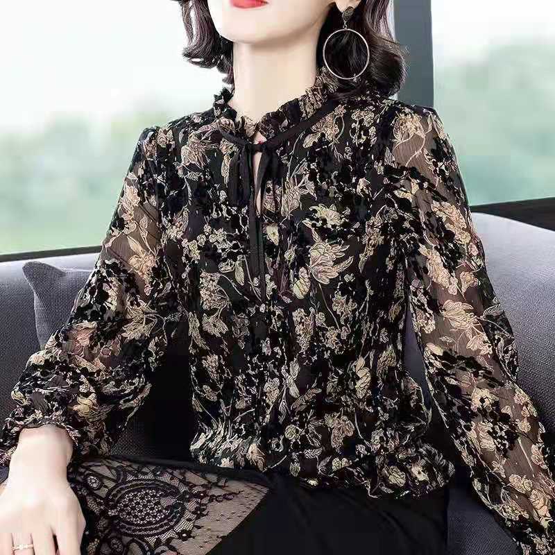 Chiffon Shirts Women's Floral Fashion Large Size Women's Mother's Wear Loose Western Style Bottoming Shirts Tops