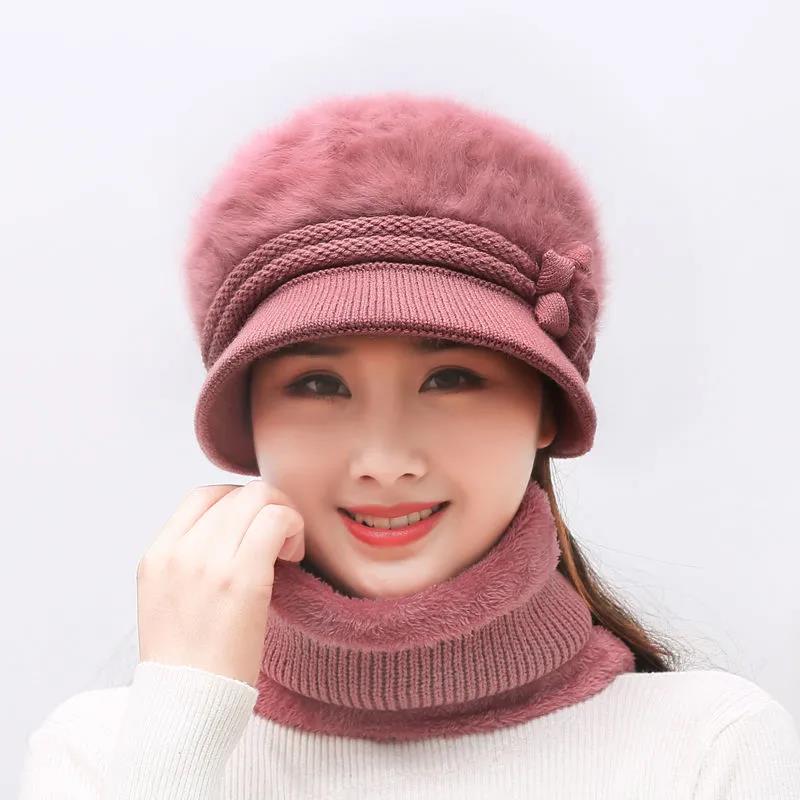 Two-piece Hat and Bib Women Winter Plus Velvet Thick Knitted Hat Rabbit Fur Duck Tongue Wool Hat