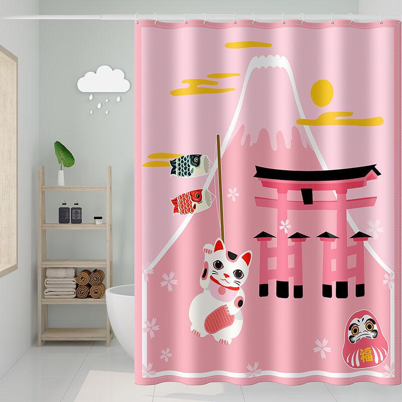 Japanese Cartoon Cute Bathroom Shower Curtain Waterproof Cloth 180*180cm Free Perforated Bathroom Shower Thickened Mold-proof Partition Curtain