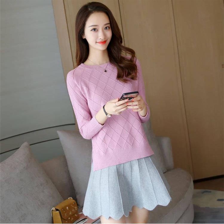 Round Neck Sweater Large Size Solid Color Sweater Spring and Autumn Sweater Female Long Sleeve